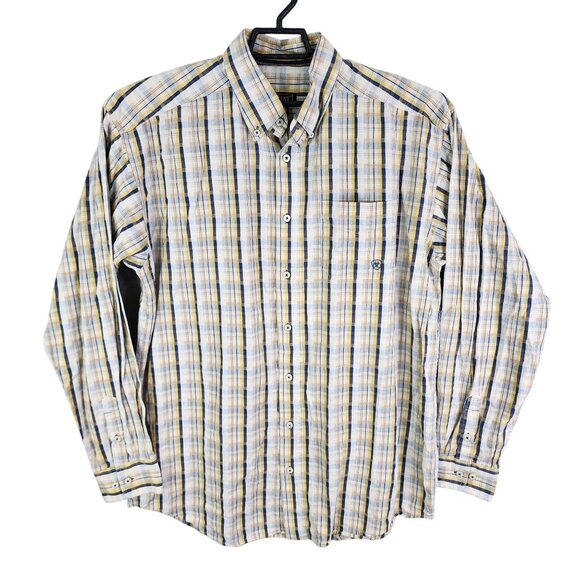 Mens Ariat Blue Yellow Plaid Shirt Long Sleeve Button Down Long Sleeve Size XLT - Picture 1 of 9